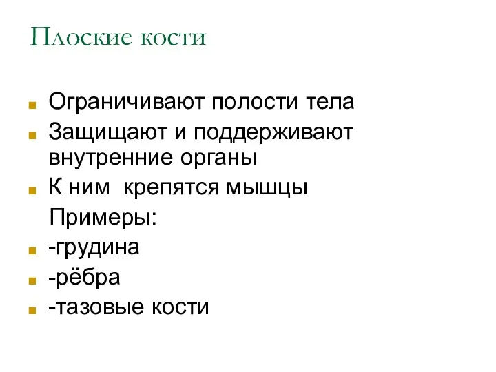 Плоские кости Ограничивают полости тела Защищают и поддерживают внутренние органы К