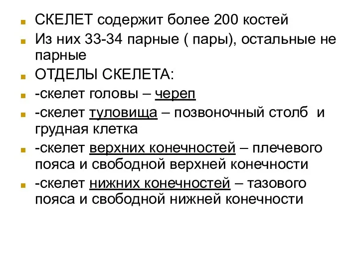 СКЕЛЕТ содержит более 200 костей Из них 33-34 парные ( пары),