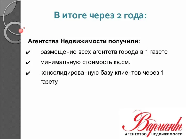 В итоге через 2 года: Агентства Недвижимости получили: размещение всех агентств