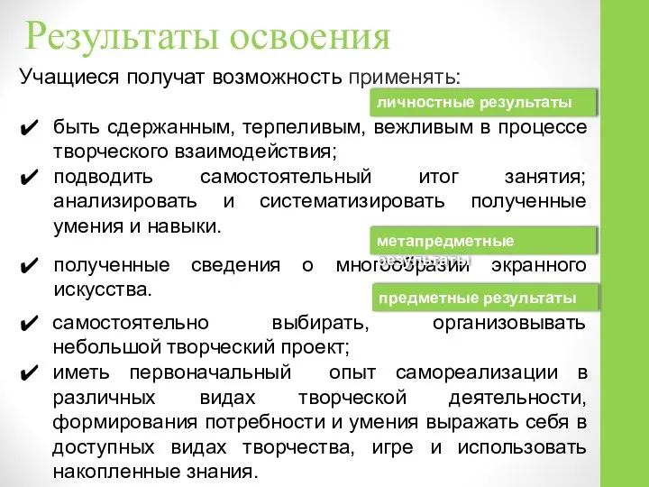 Результаты освоения Учащиеся получат возможность применять: быть сдержанным, терпеливым, вежливым в