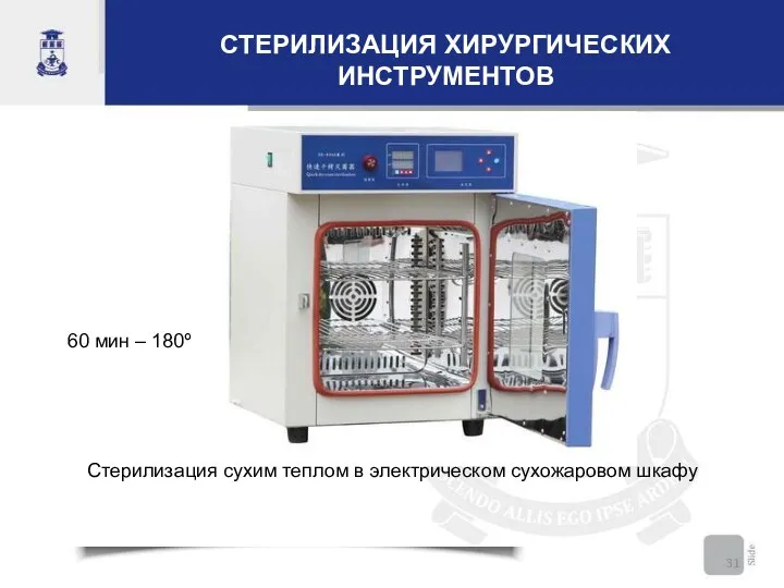 Стерилизация сухим теплом в электрическом сухожаровом шкафу 60 мин – 180º СТЕРИЛИЗАЦИЯ ХИРУРГИЧЕСКИХ ИНСТРУМЕНТОВ