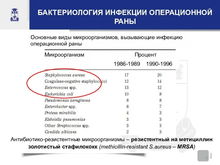 БАКТЕРИОЛОГИЯ ИНФЕКЦИИ ОПЕРАЦИОННОЙ РАНЫ Антибиотико-резистентные микроорганизмы – резистентный на метициллин золотистый