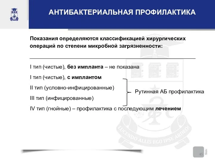 АНТИБАКТЕРИАЛЬНАЯ ПРОФИЛАКТИКА Показания определяются классификацией хирургических операций по степени микробной загрязненности: