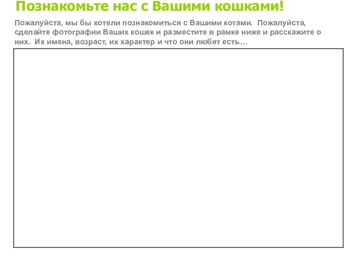 Познакомьте нас с Вашими кошками! Пожалуйста, мы бы хотели познакомиться с