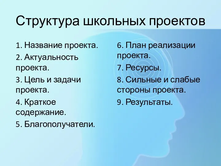 Структура школьных проектов 1. Название проекта. 2. Актуальность проекта. 3. Цель