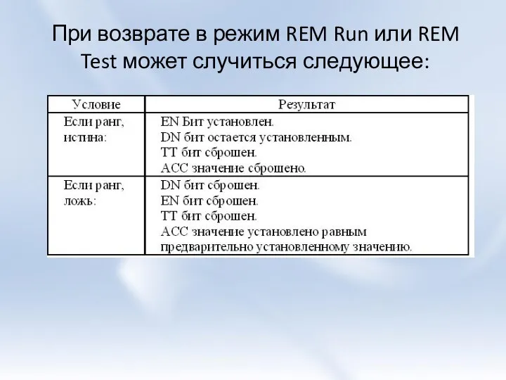 При возврате в режим REM Run или REM Test может случиться следующее: