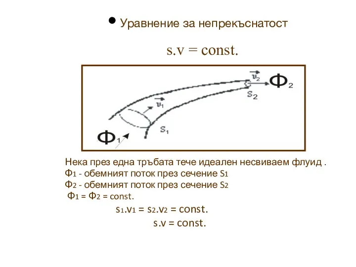 Нека през една тръбата тече идеален несвиваем флуид . Φ1 -