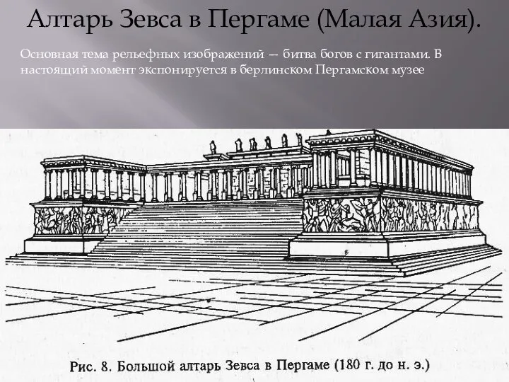 Алтарь Зевса в Пергаме (Малая Азия). Основная тема рельефных изображений —