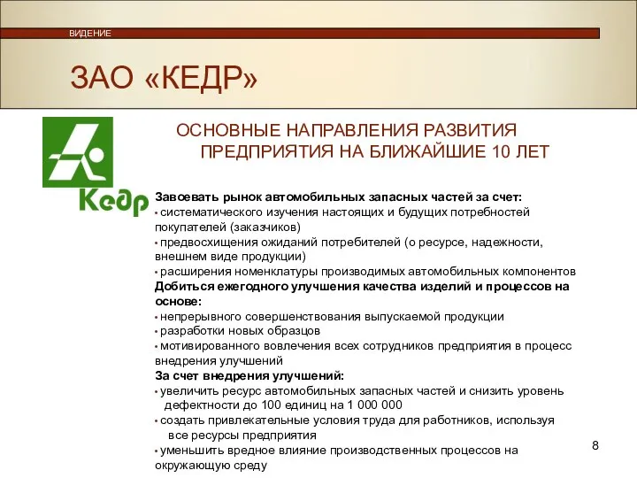 ВИДЕНИЕ Завоевать рынок автомобильных запасных частей за счет: • систематического изучения