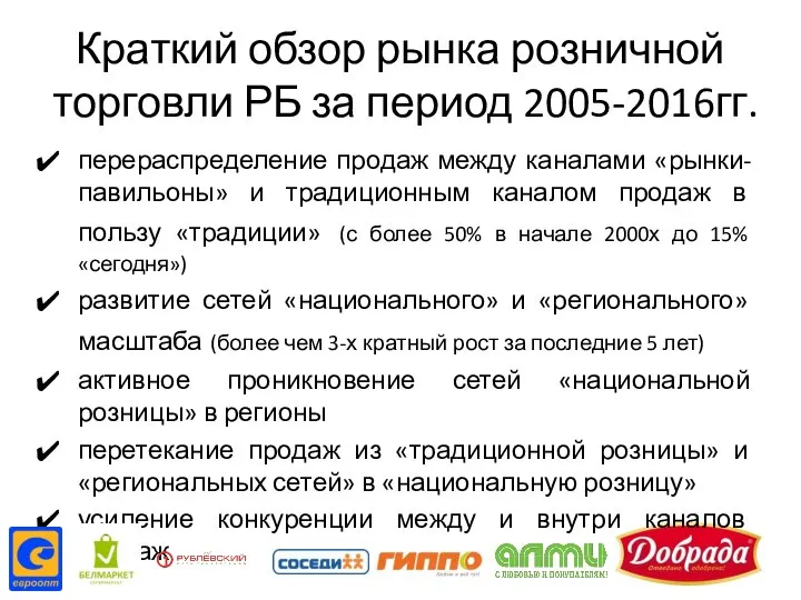 Краткий обзор рынка розничной торговли РБ за период 2005-2016гг. перераспределение продаж