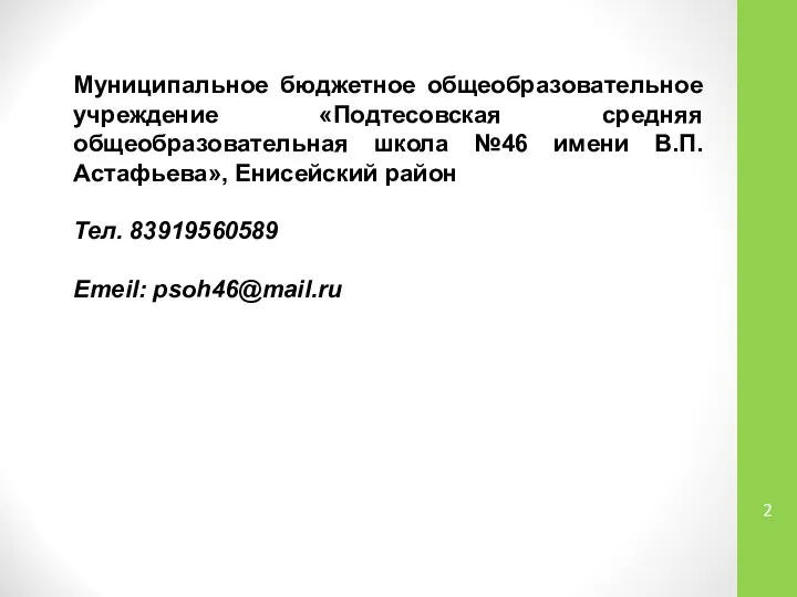 Муниципальное бюджетное общеобразовательное учреждение «Подтесовская средняя общеобразовательная школа №46 имени В.П.