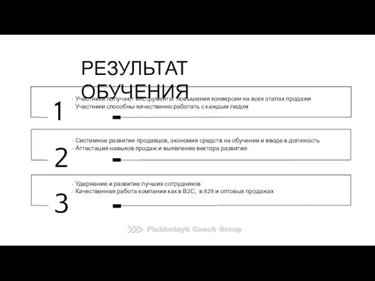 РЕЗУЛЬТАТ ОБУЧЕНИЯ Plakhotnyk Coach Group - Участники получают инструменты повышения конверсии