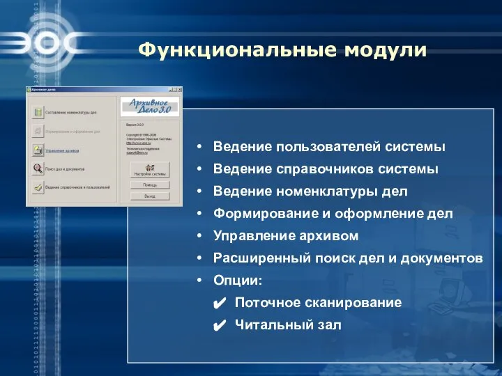 Функциональные модули Ведение пользователей системы Ведение справочников системы Ведение номенклатуры дел