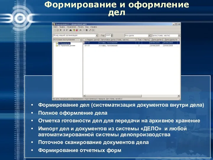 Формирование и оформление дел Формирование дел (систематизация документов внутри дела) Полное