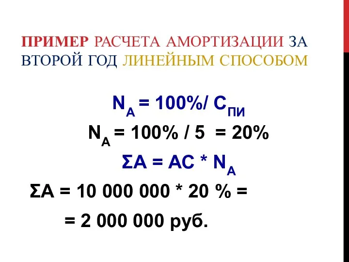 ПРИМЕР РАСЧЕТА АМОРТИЗАЦИИ ЗА ВТОРОЙ ГОД ЛИНЕЙНЫМ СПОСОБОМ NА = 100%/