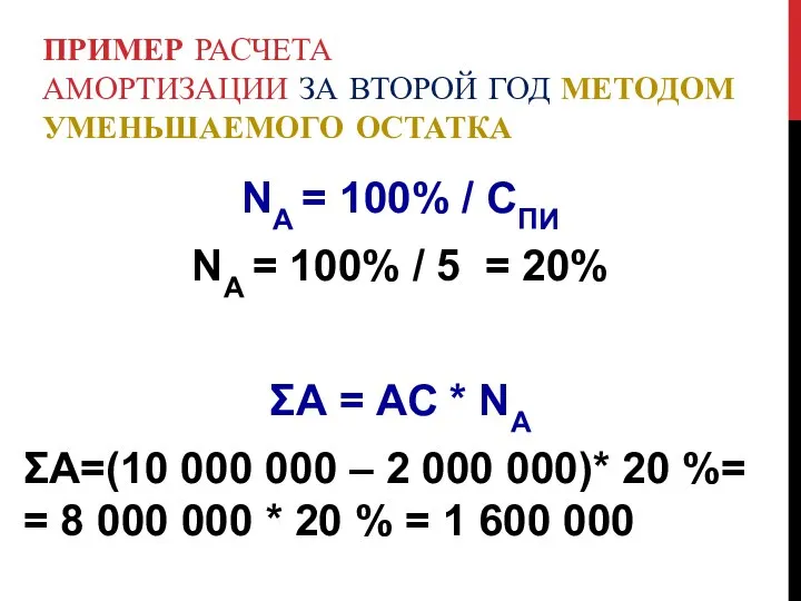 ПРИМЕР РАСЧЕТА АМОРТИЗАЦИИ ЗА ВТОРОЙ ГОД МЕТОДОМ УМЕНЬШАЕМОГО ОСТАТКА NА =