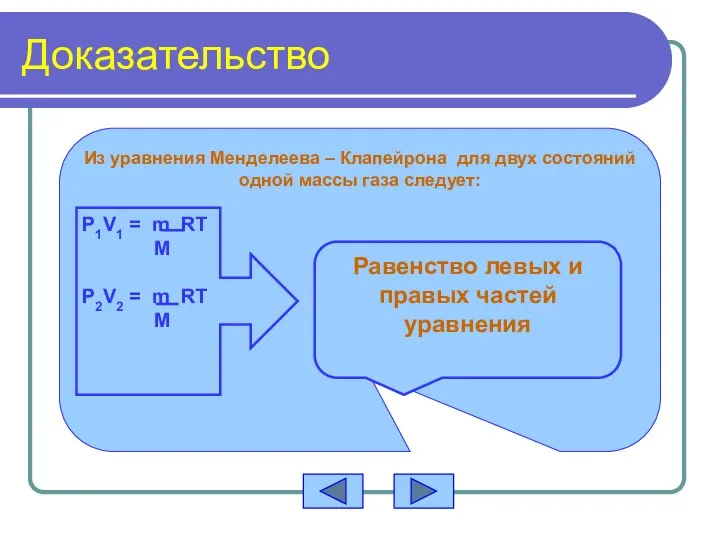 Доказательство Из уравнения Менделеева – Клапейрона для двух состояний одной массы