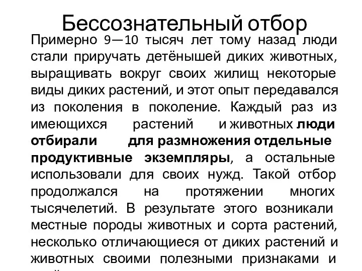 Бессознательный отбор Примерно 9—10 тысяч лет тому назад люди стали приручать