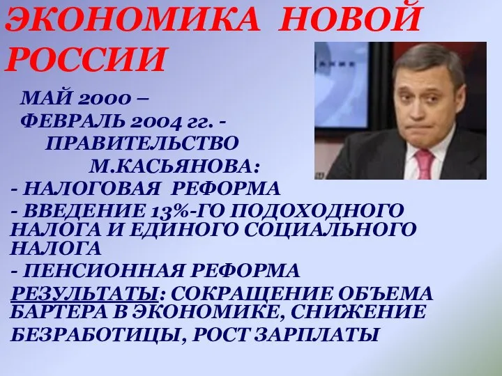 ЭКОНОМИКА НОВОЙ РОССИИ МАЙ 2000 – ФЕВРАЛЬ 2004 гг. - ПРАВИТЕЛЬСТВО