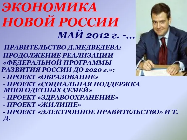 ЭКОНОМИКА НОВОЙ РОССИИ МАЙ 2012 г. -… ПРАВИТЕЛЬСТВО Д.МЕДВЕДЕВА: ПРОДОЛЖЕНИЕ РЕАЛИЗАЦИИ