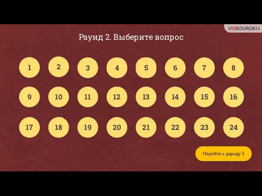 Раунд 2. Выберите вопрос Перейти к раунду 3 1 2 3