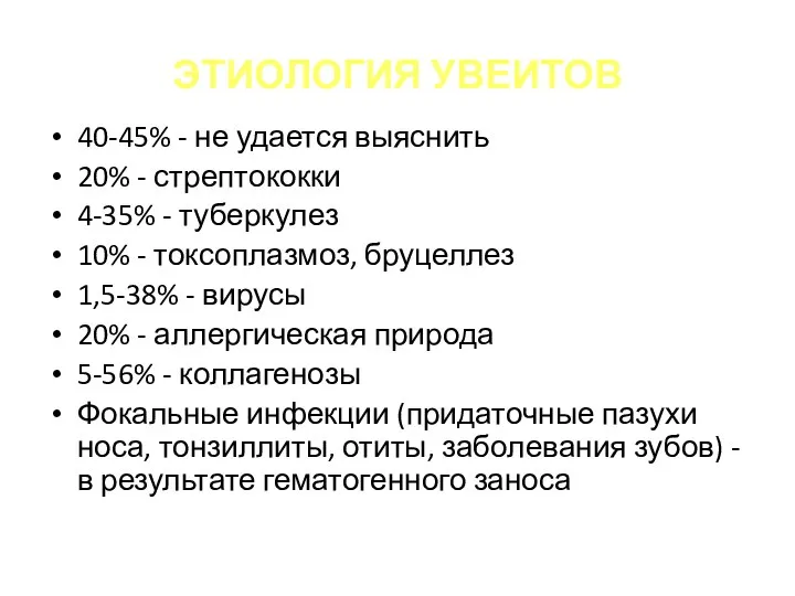 ЭТИОЛОГИЯ УВЕИТОВ 40-45% - не удается выяснить 20% - стрептококки 4-35%