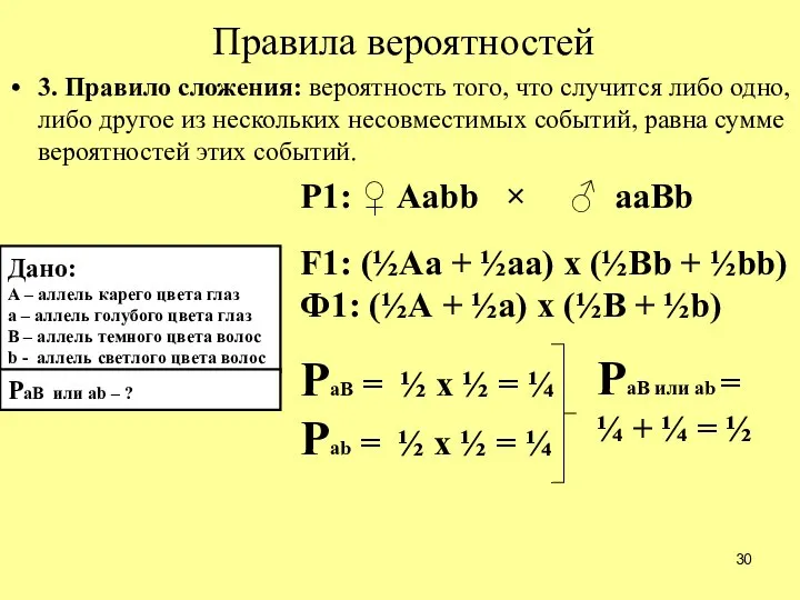 Правила вероятностей 3. Правило сложения: вероятность того, что случится либо одно,