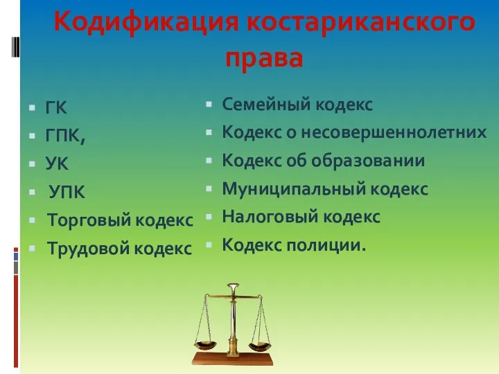 ГК ГПК, УК УПК Торговый кодекс Трудовой кодекс Кодификация костариканского права