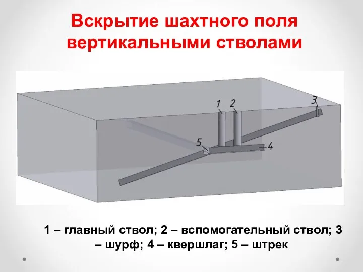 Вскрытие шахтного поля вертикальными стволами 1 – главный ствол; 2 –