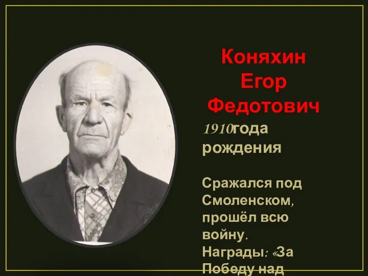 Коняхин Егор Федотович 1910года рождения Сражался под Смоленском, прошёл всю войну.