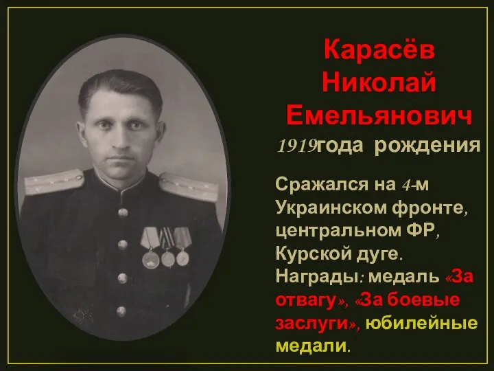 Карасёв Николай Емельянович 1919года рождения Сражался на 4-м Украинском фронте, центральном