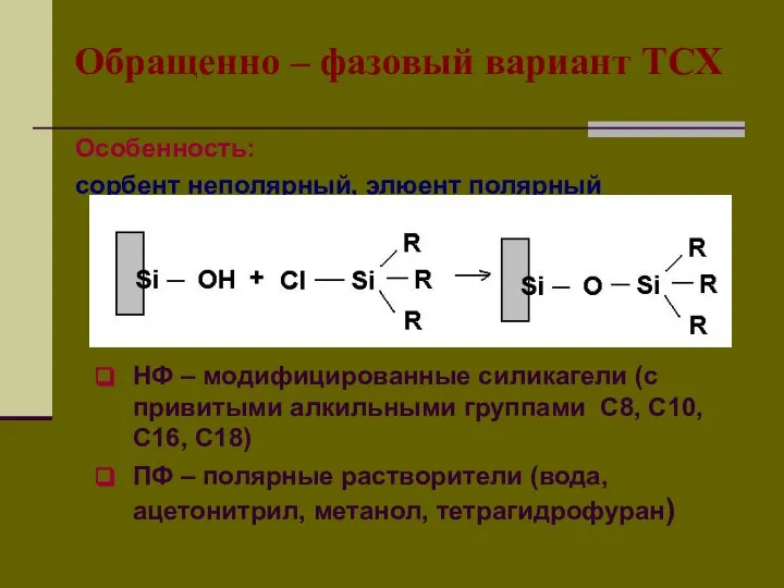 Обращенно – фазовый вариант ТСХ Особенность: сорбент неполярный, элюент полярный НФ