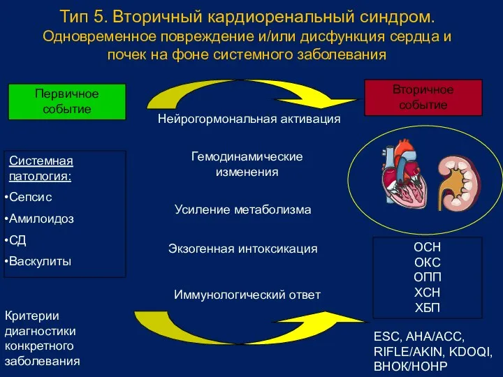 Тип 5. Вторичный кардиоренальный синдром. Одновременное повреждение и/или дисфункция сердца и