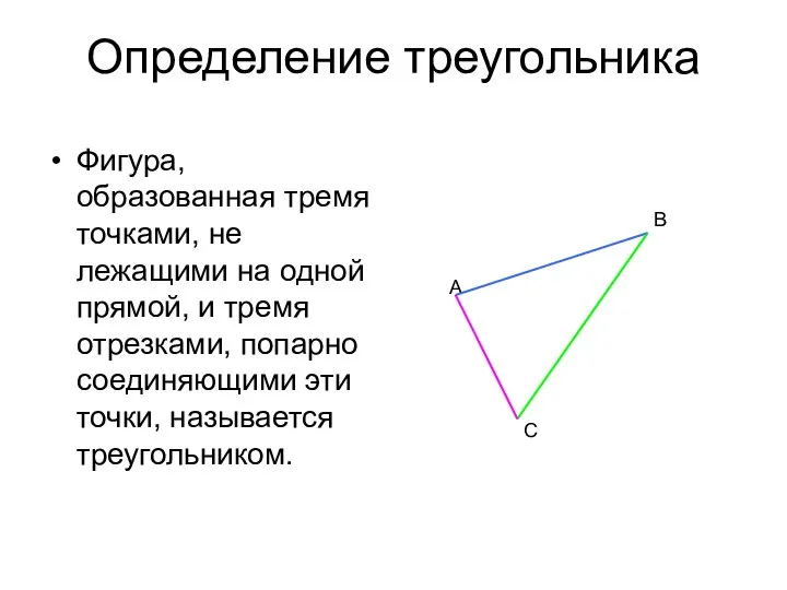 Определение треугольника Фигура, образованная тремя точками, не лежащими на одной прямой,