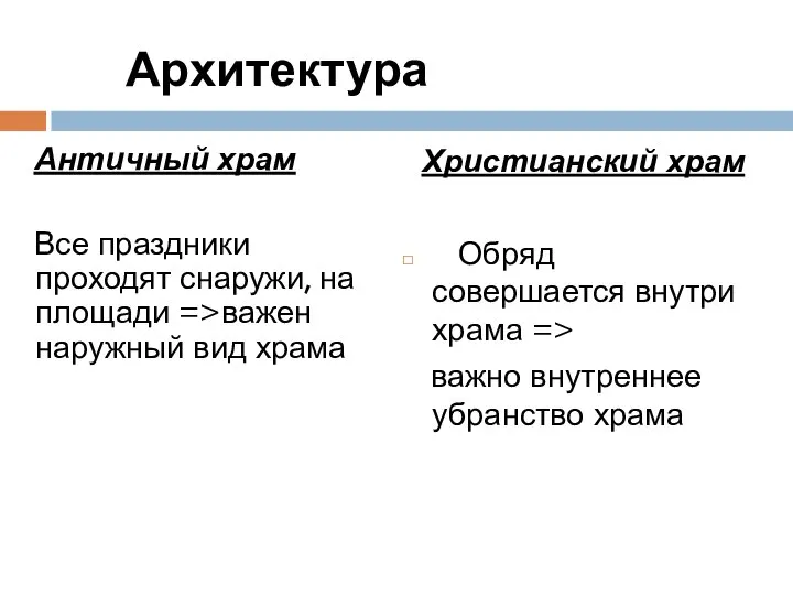 Архитектура Античный храм Все праздники проходят снаружи, на площади =>важен наружный