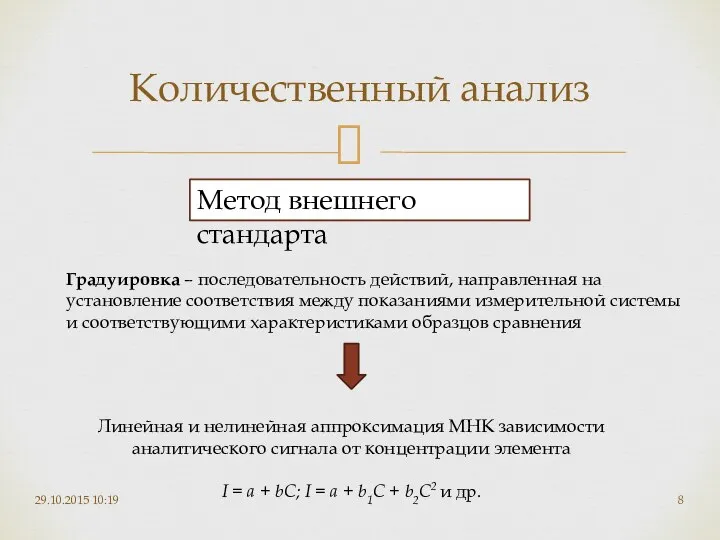 Количественный анализ 29.10.2015 10:19 Метод внешнего стандарта Градуировка – последовательность действий,