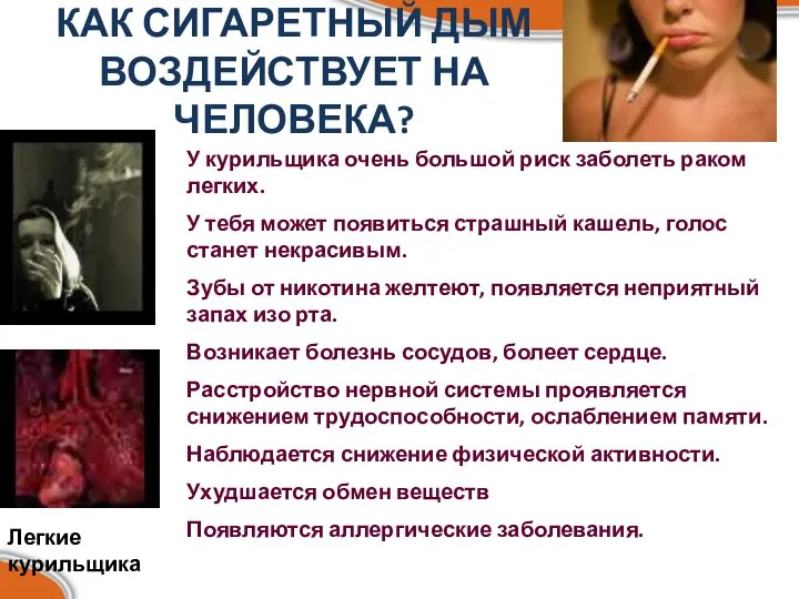 КАК СИГАРЕТНЫЙ ДЫМ ВОЗДЕЙСТВУЕТ НА ЧЕЛОВЕКА? Легкие курильщика У курильщика очень