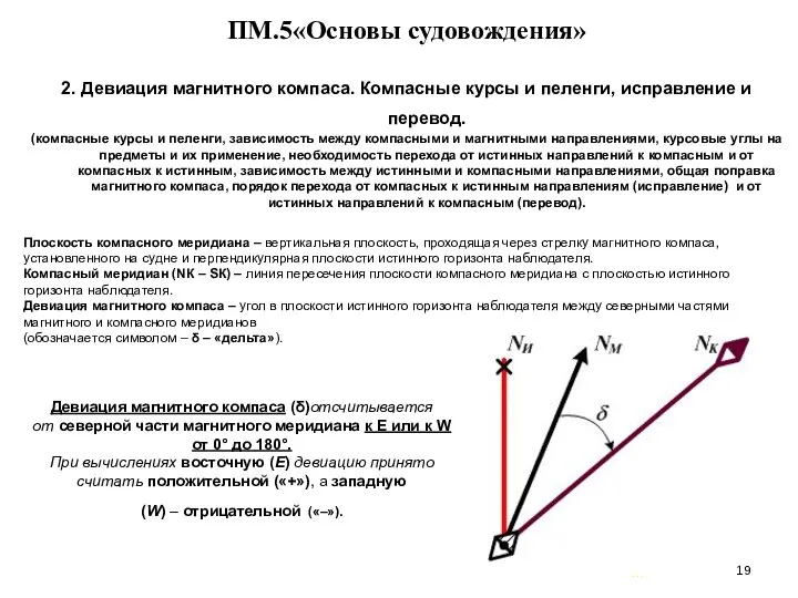 … . ПМ.5«Основы судовождения» 2. Девиация магнитного компаса. Компасные курсы и