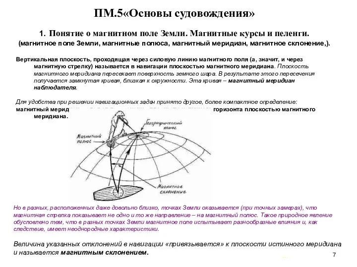 … . ПМ.5«Основы судовождения» 1. Понятие о магнитном поле Земли. Магнитные