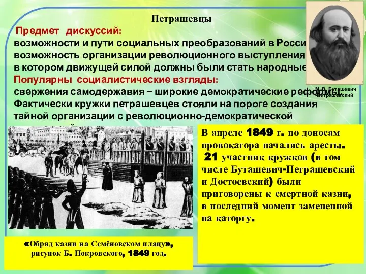 Петрашевцы Предмет дискуссий: возможности и пути социальных преобразований в России; возможность