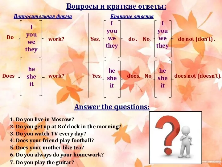 Вопросы и краткие ответы: Вопросительная форма Краткие ответы Do I you