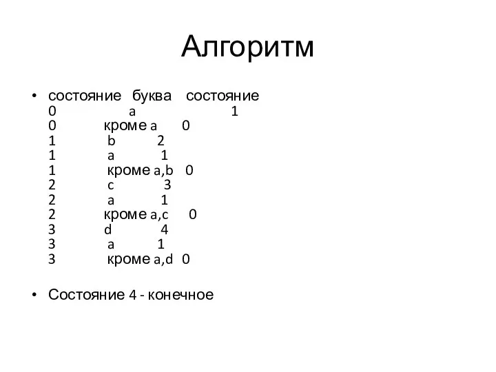 Алгоритм состояние буква состояние 0 a 1 0 кроме a 0