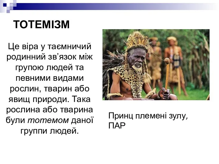 ТОТЕМІЗМ Це віра у таємничий родинний зв’язок між групою людей та