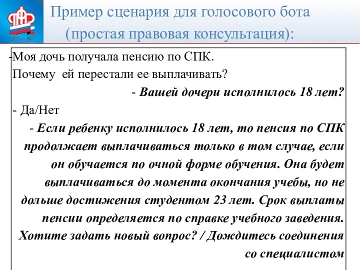 ПЕНСИОННЫЙ ФОНД РОССИЙСКОЙ ФЕДЕРАЦИИ Пример сценария для голосового бота (простая правовая консультация):