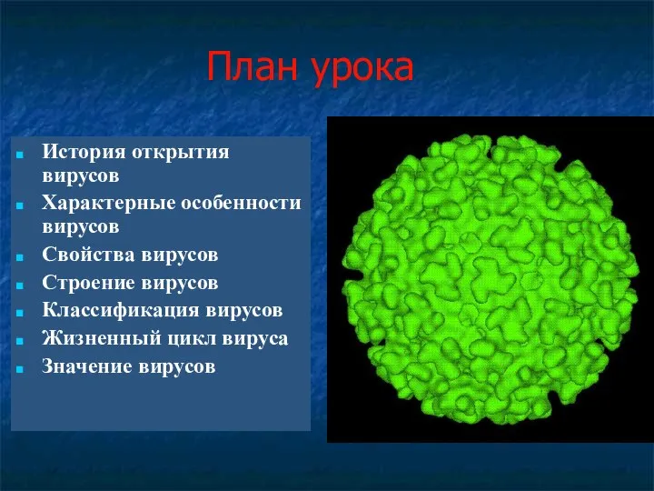 План урока История открытия вирусов Характерные особенности вирусов Свойства вирусов Строение