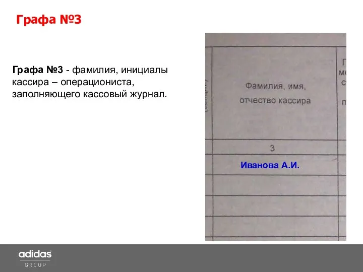 Графа №3 - фамилия, инициалы кассира – операциониста, заполняющего кассовый журнал. Иванова А.И. Графа №3