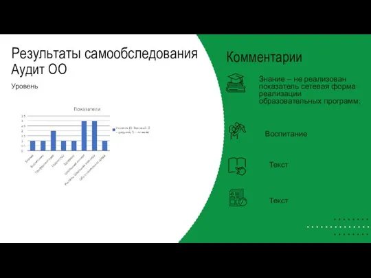 Результаты самообследования Аудит ОО Уровень Комментарии Воспитание Текст Текст Знание –