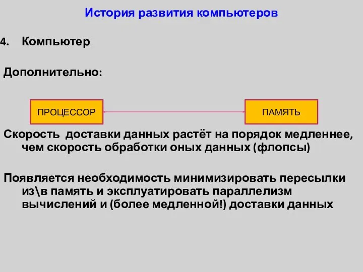 История развития компьютеров Компьютер Дополнительно: Скорость доставки данных растёт на порядок