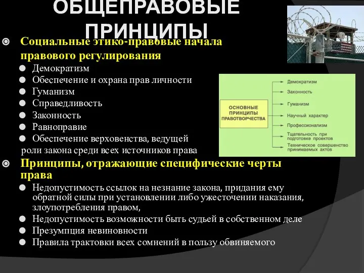 ОБЩЕПРАВОВЫЕ ПРИНЦИПЫ Социальные этико-правовые начала правового регулирования Демократизм Обеспечение и охрана