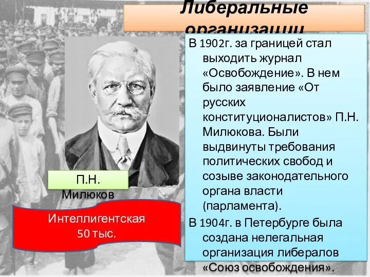 Либеральные организации В 1902г. за границей стал выходить журнал «Освобождение». В